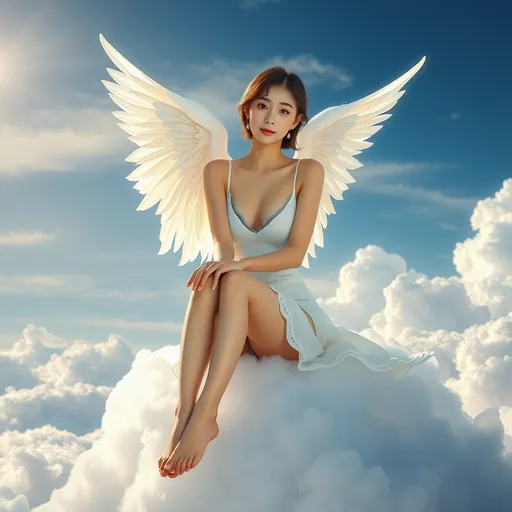 Prompt: A Korean woman angel sitting on a cloud on a sky wearing only a slips, full body, photo, 
visible thighs, hyper detailed, ultra realistic, highly detailed, AI defined exquisitely beautiful, totally ultra realistic young adult Korean, gorgeously detailed facial features, perfect body proportions, ultra pale, ultra glamorous, HDR, UHD, high res, 64k, cinematic lighting, special effects, hd octaneArtgerm