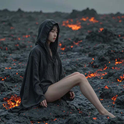 Prompt: A Korean woman devil Sitting on a black stone in a lava field wearing only an oversized hood knit, full body, photo, Lava is flowing behind.
visible thighs, hyper detailed, ultra realistic, highly detailed, AI defined exquisitely beautiful, totally ultra realistic young adult Korean, gorgeously detailed facial features, perfect body proportions, ultra pale, ultra glamorous, HDR, UHD, high res, 64k, cinematic lighting, special effects, hd octaneArtgerm