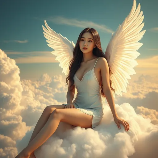 Prompt: A Korean woman angel sitting on a cloud on a sky wearing only a slips, full body, photo, 
visible thighs, hyper detailed, ultra realistic, highly detailed, AI defined exquisitely beautiful, totally ultra realistic young adult Korean, gorgeously detailed facial features, perfect body proportions, ultra pale, ultra glamorous, HDR, UHD, high res, 64k, cinematic lighting, special effects, hd octaneArtgerm