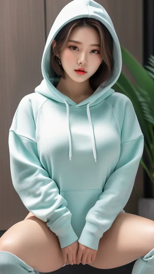 Prompt: No bottoms, 
oversized hoodie that reaches down to the knees, Squatting, 
Outfit that emphasizes her glamorous body, full body, huge chest. AI defined exquisitely beautiful, totally ultra realistic young adult Korean, gorgeously detailed facial features, perfect body proportions, ultra pale, ultra glamorous, perfect shading, impeccable contrast, HDR, UHD, high res, 64k