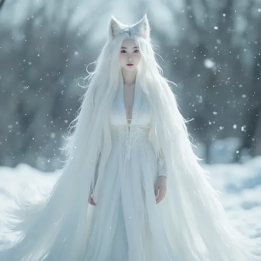 Prompt: Gumiho, human-shaped nine-tailed fox, beautiful appearance, captivating appearance, bewitching expression, dazzlingly beautiful face, pale skin, white hair, white clothes, full body, no shoes, bare feet, 
enchanting atmosphere, cold winter day, snow, snow sparkling, 
totally ultra realistic young adult Korean, gorgeously detailed facial features, sumptuous cleavage, perfect body proportions, ultra pale, ultra glamorous, perfect shading, impeccable contrast, HDR, UHD, high res, 64k