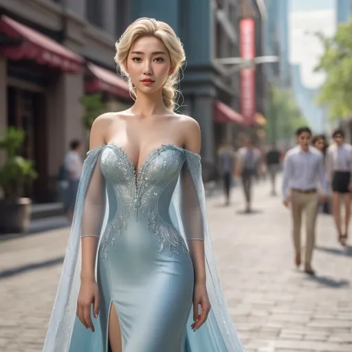 Prompt: Full body shot of Elsa wearing, in the city
AI defined exquisitely beautiful, totally ultra realistic young adult Korean, gorgeously detailed facial features, sumptuous cleavage, perfect body proportions, ultra pale, ultra glamorous, perfect shading, impeccable contrast, HDR, UHD, high res, 64k