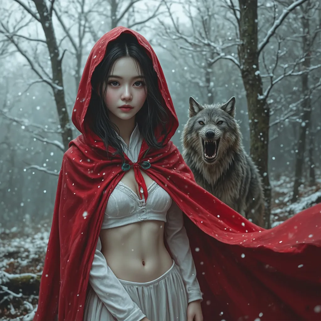 Prompt: Wizard of the Fantasy World, white innerwear and red cloak, 
pure look, innocent look, pale skin, cute face, baby face, stockings, full body, Get lost in the woods. Snowy weather, A werewolf is chasing after her from afar.
hyper detailed, ultra realistic, highly detailed, surreal heavy mist, AI defined exquisitely beautiful, totally ultra realistic young adult Korean, gorgeously detailed facial features, sumptuous cleavage, perfect body proportions, ultra pale, ultra glamorous, perfect shading, impeccable contrast, HDR, UHD, high res, 64k