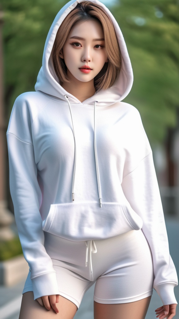 Prompt: No bottoms, 
oversized hoodie that reaches down to the knees, 
Outfit that emphasizes her glamorous body, full body, huge chest. AI defined exquisitely beautiful, totally ultra realistic young adult Korean, gorgeously detailed facial features, perfect body proportions, ultra pale, ultra glamorous, perfect shading, impeccable contrast, HDR, UHD, high res, 64k