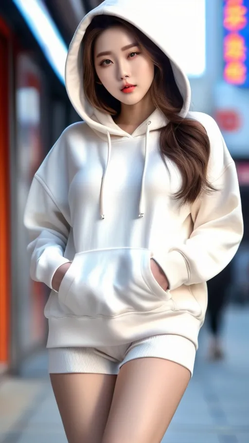 Prompt: No bottoms, 
oversized hoodie that reaches down to the knees, 
Outfit that emphasizes her glamorous body, full body, huge chest. AI defined exquisitely beautiful, totally ultra realistic young adult Korean, gorgeously detailed facial features, perfect body proportions, ultra pale, ultra glamorous, perfect shading, impeccable contrast, HDR, UHD, high res, 64k