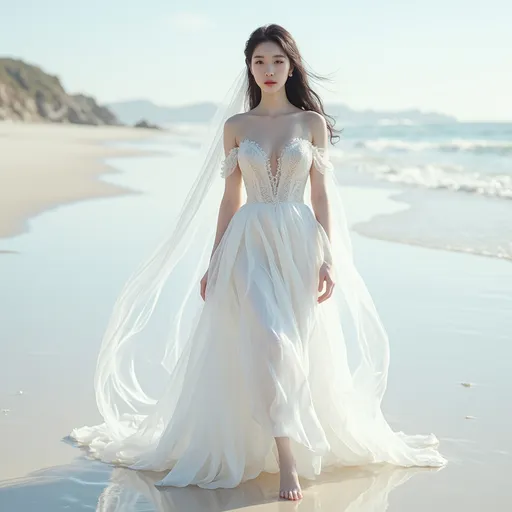 Prompt: hyper detailed, ultra realistic, highly detailed, AI defined exquisitely beautiful, totally ultra realistic young adult Korean, gorgeously detailed facial features, sumptuous cleavage, perfect body proportions, ultra pale, ultra glamorous bride, walking in a serene beach, Wet feet and dress, 

HDR, UHD, high res, 64k, cinematic lighting, special effects, hd octaneArtgerm