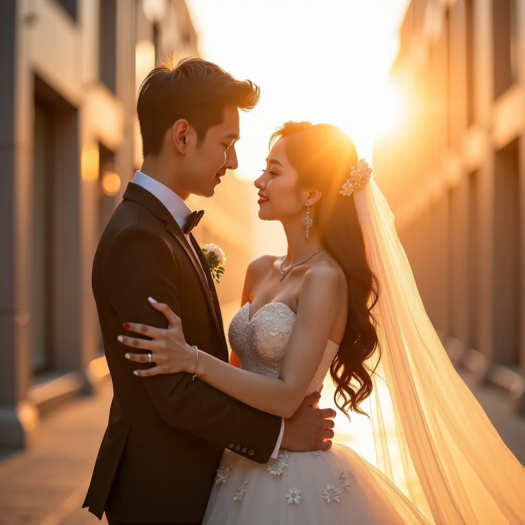 Prompt: sunset, warm feeling,
A Korean groom and bride are having their wedding photoshoot Between the windy buildings. 

The groom is holding the bride's waist with one hand.
The groom is wearing a tight-fitting suit.

The bride is wearing a see-through mini wedding dress.
She is wearing stockings, a garter belt, and a veil.
The veil and dress are blowing in the wind.
hyper detailed, ultra realistic, highly detailed, AI defined exquisitely beautiful, totally ultra realistic young adult Korean, gorgeously detailed facial features, perfect body proportions, ultra pale, ultra glamorous, HDR, UHD, high res, 64k, cinematic lighting, special effects, hd octaneArtgerm