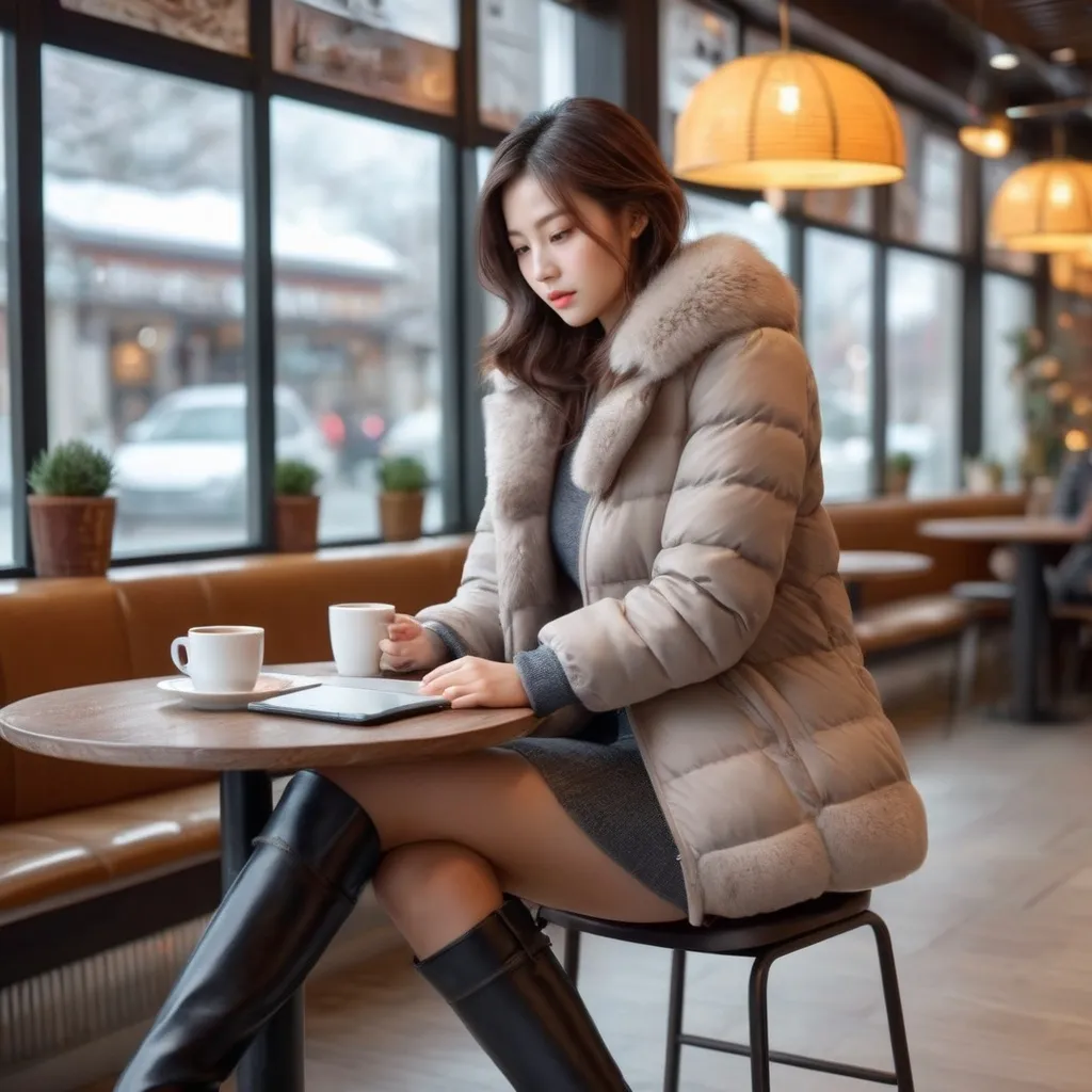 Prompt: A female artist drawing on a tablet in a cafe on a cold winter day is wearing a short fur jacket, miniskirt, and knee-high long boots.

AI defined exquisitely beautiful, totally ultra realistic young adult Korean, gorgeously detailed facial features,  perfect body proportions, ultra pale, ultra glamorous, perfect shading, impeccable contrast, HDR, UHD, high res, 64k