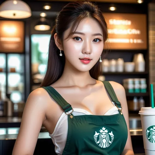 Prompt: Starbucks barista, dazzlingly beautiful face, cute expression, glamorous 20-year-old Korean woman, 
AI defined exquisitely beautiful, totally ultra realistic young adult Korean, gorgeously detailed facial features, sumptuous cleavage, perfect body proportions, ultra pale, ultra glamorous, perfect shading, impeccable contrast, HDR, UHD, high res, 64k