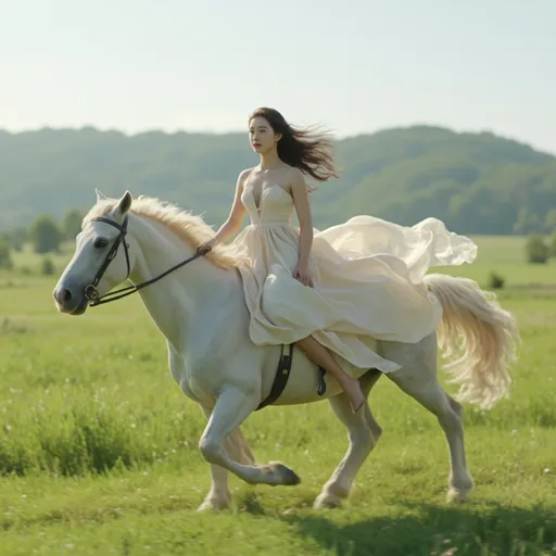 Prompt: Cute 20-something Korean woman riding a horse in a dress.
Dress blowing in the wind, firm abs and thighs, no shoes, horse running through green fields, visible thighs, 
hyper detailed, ultra realistic, highly detailed, AI defined exquisitely beautiful, totally ultra realistic young adult Korean, gorgeously detailed facial features, sumptuous cleavage, perfect body proportions, ultra pale, ultra glamorous, HDR, UHD, high res, 64k, cinematic lighting, special effects, hd octaneArtgerm