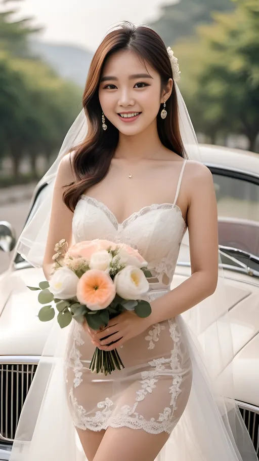 Prompt: Cute and glamorous 20-something Korean woman, very beautiful, baby face
Photoshoot wearing see-through mini wedding dress, garter belt, and high heels
Smiling expression
Outfit that emphasizes glamorous body
Clothing is a bit small
Chest sticks out
Holding a small bouquet in one hand.
A dazzlingly beautiful Korean woman in her 20s taking off her wedding dress in a classic car.
Thighs visible
Wearing a garter belt
splash art, hyper detailed, ultra realistic, highly detailed, surreal heavy mist, AI defined exquisitely beautiful, totally ultra realistic young adult Korean, gorgeously detailed facial features, sumptuous cleavage, perfect body proportions, ultra pale, ultra glamorous, perfect shading, impeccable contrast, HDR, UHD, high res, 64k