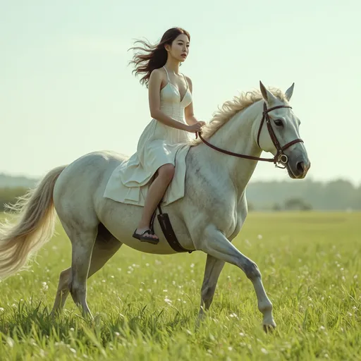 Prompt: Cute 20-something Korean woman riding a horse in a dress.
Dress blowing in the wind, firm abs and thighs, no shoes, horse running through green fields, 
hyper detailed, ultra realistic, highly detailed, AI defined exquisitely beautiful, totally ultra realistic young adult Korean, gorgeously detailed facial features, sumptuous cleavage, perfect body proportions, ultra pale, ultra glamorous, HDR, UHD, high res, 64k, cinematic lighting, special effects, hd octaneArtgerm