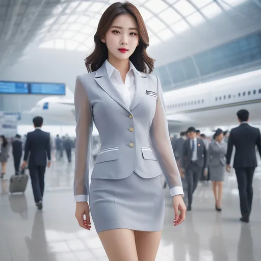 Prompt: splash art, hyper detailed, ultra realistic, highly detailed, surreal heavy mist, Detailed full body depiction, AI defined exquisitely beautiful, totally ultra realistic young adult Korean, gorgeously detailed facial features, sumptuous cleavage, perfect body proportions, ultra pale, ultra glamorous stewardess, walking in a airport, Blouse and stockings, 
HDR, UHD, high res, 64k, hd octaneArtgerm