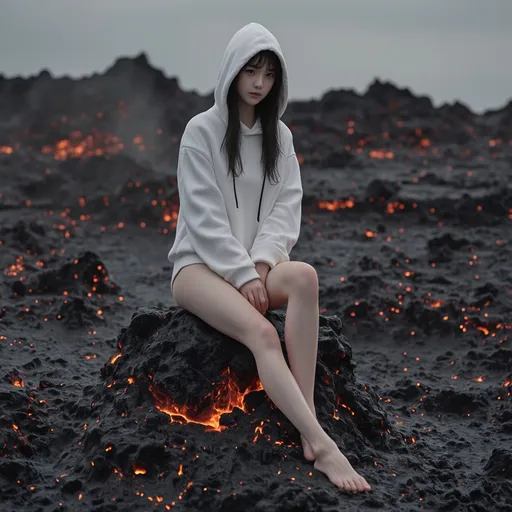 Prompt: A Korean woman devil Sitting on a black stone in a lava field wearing only an oversized hood knit, full body, photo, Lava is flowing behind.
visible thighs, hyper detailed, ultra realistic, highly detailed, AI defined exquisitely beautiful, totally ultra realistic young adult Korean, gorgeously detailed facial features, perfect body proportions, ultra pale, ultra glamorous, HDR, UHD, high res, 64k, cinematic lighting, special effects, hd octaneArtgerm