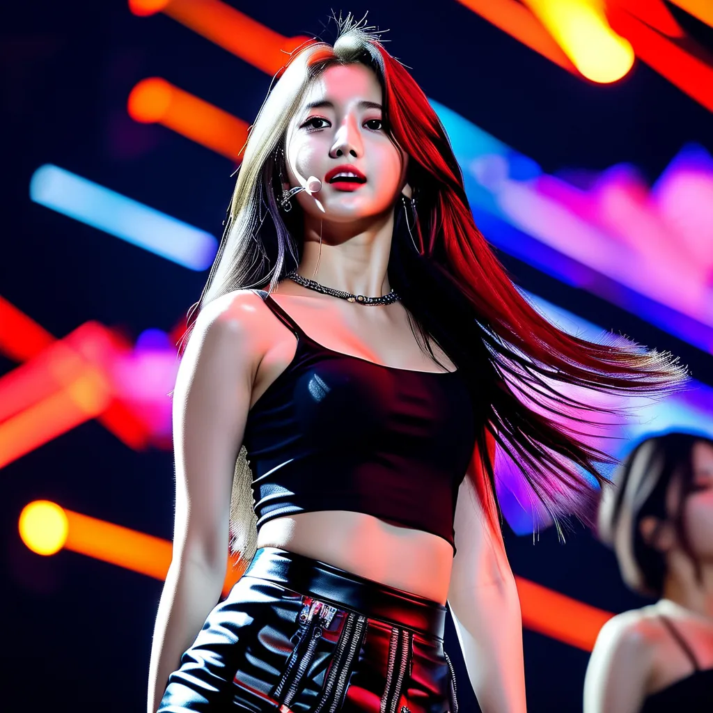 Prompt: A korean girl idol is dancing on stage wearing a tank top and a short miniskirt.
AI defined exquisitely beautiful, totally ultra realistic young adult Korean, gorgeously detailed facial features, sumptuous cleavage, perfect body proportions, ultra pale, ultra glamorous, perfect shading, impeccable contrast, HDR, UHD, high res, 64k