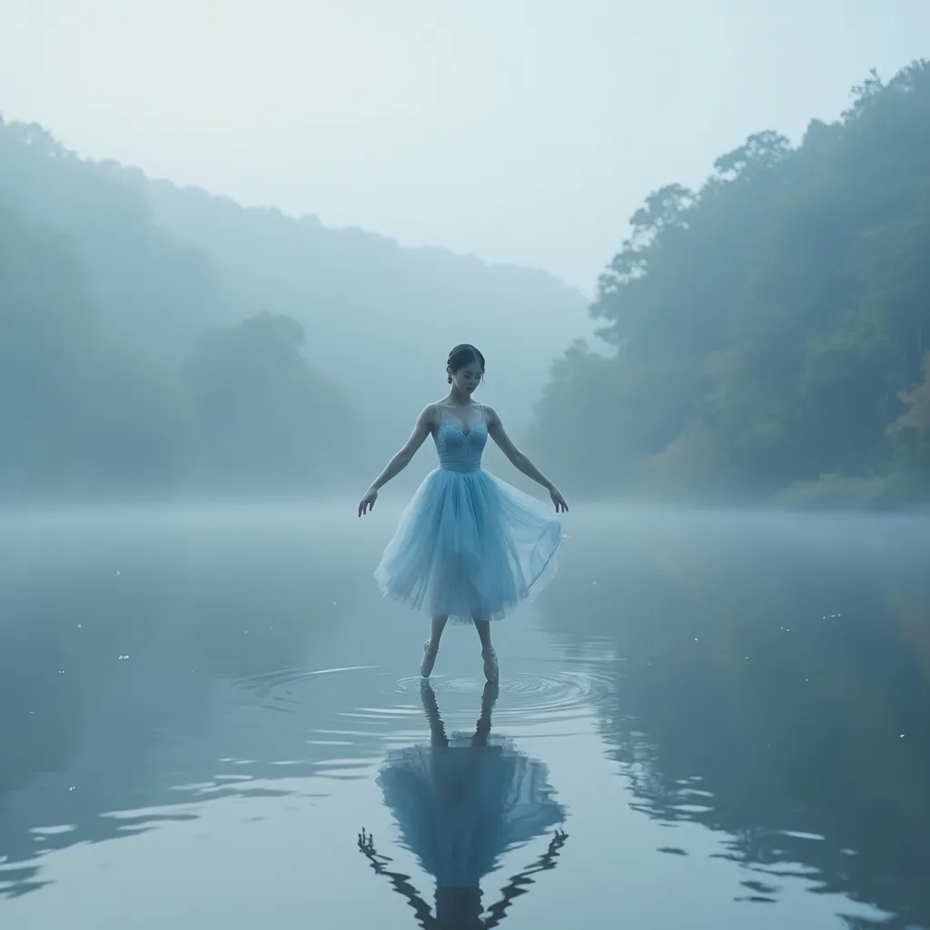 Prompt: A stunningly beautiful Korean woman with a graceful figure, dressed in a light blue sheer of ballet dress , dances lightly in a ballet style (jump-fly-and turn)on the surface of a dreamy lake. Ethereal, romantic light streams through the foggy forest by the lake, creating a cinematic atmosphere, highly detailed, ultra-detailed, UHD 8K resolution, close up shots