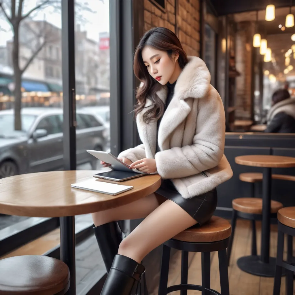 Prompt: A female artist drawing on a tablet in a cafe on a cold winter day is wearing a short fur jacket, miniskirt, and knee-high long boots.

AI defined exquisitely beautiful, totally ultra realistic young adult Korean, gorgeously detailed facial features,  perfect body proportions, ultra pale, ultra glamorous, perfect shading, impeccable contrast, HDR, UHD, high res, 64k