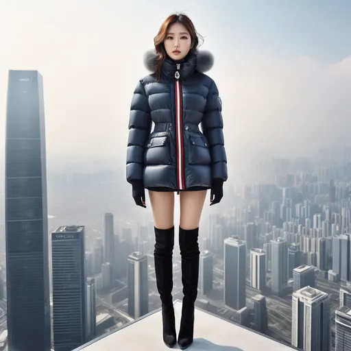 Prompt: korean Moncler clothing model in advertisement, knee-high boots
She stands on top of a skyscraper and looks out over the city.
Sunny weather,

Full body shot, hyper detailed, ultra realistic, highly detailed, surreal heavy mist, AI defined exquisitely beautiful, totally ultra realistic young adult Korean, gorgeously detailed facial features, sumptuous cleavage, perfect body proportions, ultra pale, ultra glamorous, perfect shading, impeccable contrast, HDR, UHD, high res, 64k