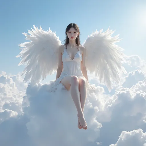 Prompt: A Korean woman angel sitting on a cloud on a sky wearing only a slips, full body, photo, 
visible thighs, hyper detailed, ultra realistic, highly detailed, AI defined exquisitely beautiful, totally ultra realistic young adult Korean, gorgeously detailed facial features, perfect body proportions, ultra pale, ultra glamorous, HDR, UHD, high res, 64k, cinematic lighting, special effects, hd octaneArtgerm