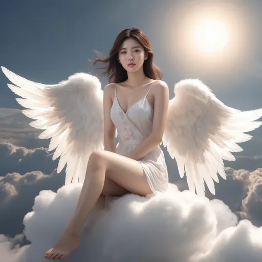 Prompt: A Korean woman angel sitting on a cloud on a sky wearing only a slips, full body, photo, 
visible thighs, hyper detailed, ultra realistic, highly detailed, AI defined exquisitely beautiful, totally ultra realistic young adult Korean, gorgeously detailed facial features, perfect body proportions, ultra pale, ultra glamorous, HDR, UHD, high res, 64k, cinematic lighting, special effects, hd octaneArtgerm