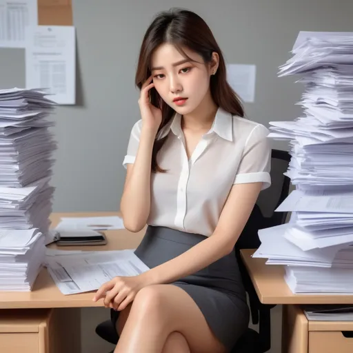 Prompt: In the hot summer, a woman in an office wears a short-sleeved blouse, a miniskirt, and ankle boots.
There are piles of paperwork at her desk.
A stressed expression, 
She has a headache, 
her face is grimacing, and she touches her head with her hands.

AI defined exquisitely beautiful, totally ultra realistic young adult Korean, gorgeously detailed facial features,  perfect body proportions, ultra pale, ultra glamorous, perfect shading, impeccable contrast, HDR, UHD, high res, 64k