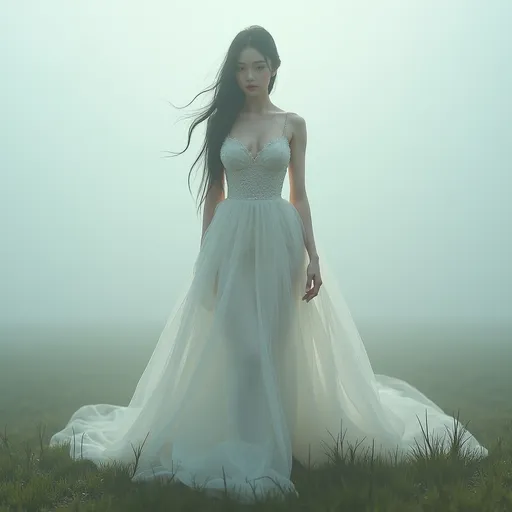 Prompt: full body shot, splash art, hyper detailed, ultra realistic, highly detailed, surreal heavy mist, AI defined exquisitely beautiful, totally ultra realistic young adult Korean, gorgeously detailed facial features, sumptuous cleavage, perfect body proportions, ultra pale, ultra glamorous bride, walking in a swirling fog, micro dress, on the grass, 

perfect shading, impeccable contrast, HDR, UHD, high res, 64k, cinematic lighting, special effects, hd octaneArtgerm, WLOP, dynamic studio quality lighting hyper-detailed, intricately detailed, Splash art, trending on Artstation, triadic colors, Unreal Engine 5 volumetric lighting, unreal engine, octane render.