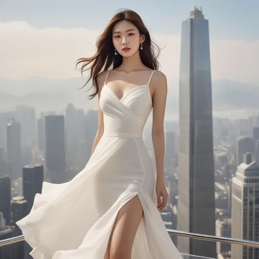 Prompt: korean Ralph Lauren dress model in advertisement, heel pumps, 
She stands on top of a skyscraper and looks out over the city.
Sunny weather, dress blowing in the wind, 

Full body shot, hyper detailed, ultra realistic, highly detailed, surreal heavy mist, AI defined exquisitely beautiful, totally ultra realistic young adult Korean, gorgeously detailed facial features, perfect body proportions, ultra pale, ultra glamorous, perfect shading, impeccable contrast, HDR, UHD, high res, 64k