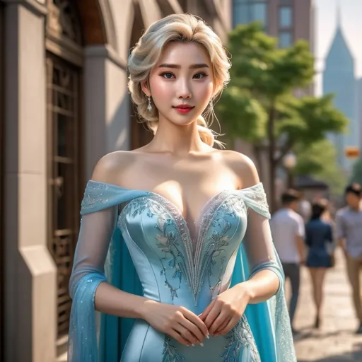 Prompt: Full body shot of Elsa wearing, in the city
AI defined exquisitely beautiful, totally ultra realistic young adult Korean, gorgeously detailed facial features, sumptuous cleavage, perfect body proportions, ultra pale, ultra glamorous, perfect shading, impeccable contrast, HDR, UHD, high res, 64k