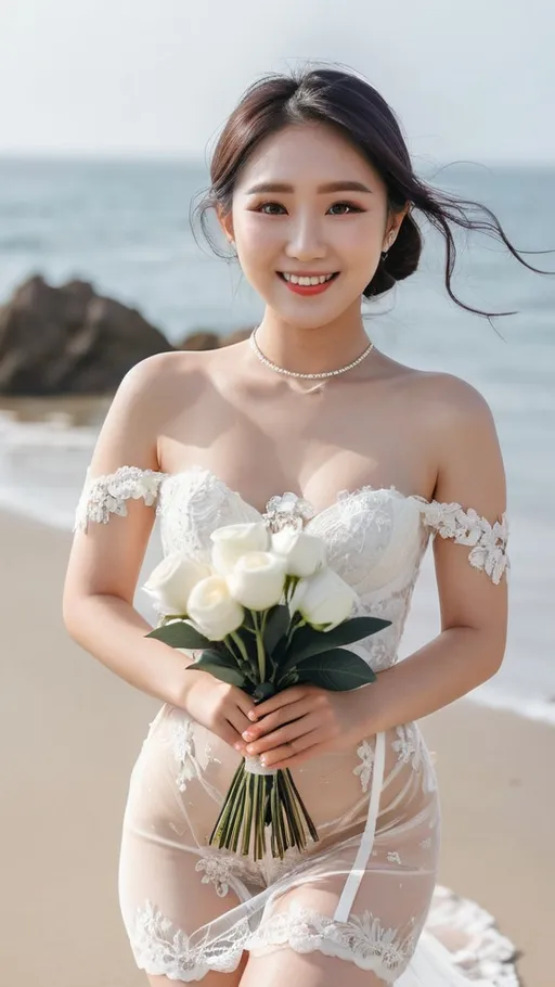 Prompt: Cute and glamorous 20-something Korean woman
Photoshoot wearing see-through mini wedding dress, garter belt, and high heels
Smiling expression
Outfit that emphasizes glamorous body
Clothing is a bit small
Chest sticks out
Holding a small bouquet in one hand.
A dazzlingly beautiful Korean woman in her 20s taking off her wedding dress on the beach
Thighs visible
Wearing a garter belt
splash art, hyper detailed, ultra realistic, highly detailed, surreal heavy mist, AI defined exquisitely beautiful, totally ultra realistic young adult Korean, gorgeously detailed facial features, sumptuous cleavage, perfect body proportions, ultra pale, ultra glamorous, perfect shading, impeccable contrast, HDR, UHD, high res, 64k