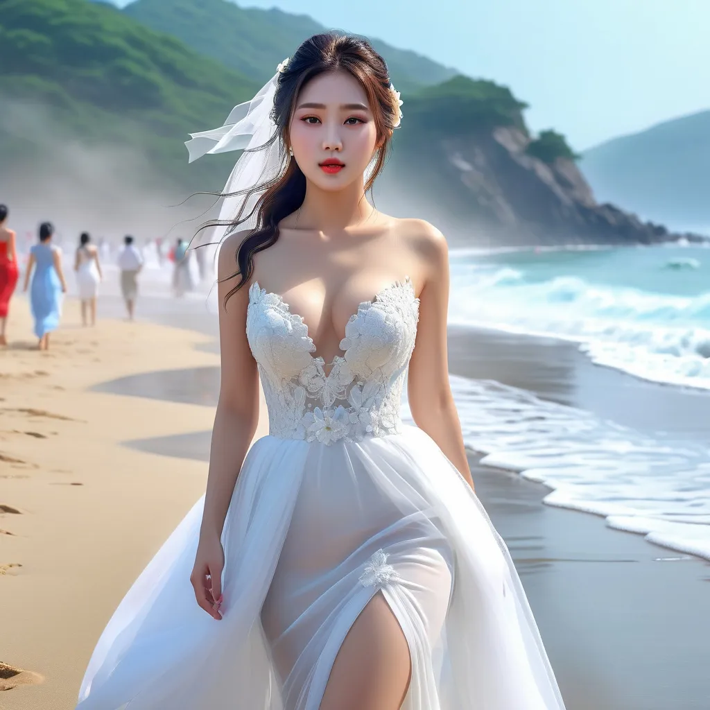 Prompt: splash art, hyper detailed, ultra realistic, highly detailed, surreal heavy mist, AI defined exquisitely beautiful, totally ultra realistic young adult Korean, gorgeously detailed facial features, sumptuous cleavage, perfect body proportions, ultra pale, ultra glamorous bride, walking in a crowded beach, Wet feet and dress, 

HDR, UHD, high res, 64k, cinematic lighting, special effects, hd octaneArtgerm