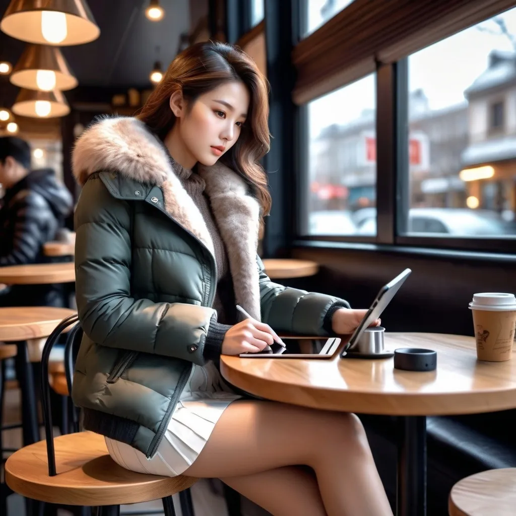 Prompt: A female artist drawing on a tablet in a cafe on a cold winter day is wearing a short fur jacket, miniskirt, and knee-high long boots.

AI defined exquisitely beautiful, totally ultra realistic young adult Korean, gorgeously detailed facial features,  perfect body proportions, ultra pale, ultra glamorous, perfect shading, impeccable contrast, HDR, UHD, high res, 64k