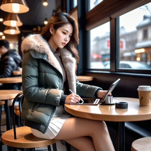 Prompt: A female artist drawing on a tablet in a cafe on a cold winter day is wearing a short fur jacket, miniskirt, and knee-high long boots.

AI defined exquisitely beautiful, totally ultra realistic young adult Korean, gorgeously detailed facial features,  perfect body proportions, ultra pale, ultra glamorous, perfect shading, impeccable contrast, HDR, UHD, high res, 64k