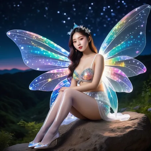 Prompt: fantastic fantasy art, young korean woman with gigantic colourful semi-transparent fairy wings, tight pearly outfit (short skirt, crop-top, belly-baring, decollete), sitting on a rock with spreded wide open legs, arms casually resting on her knees, beaded white decorated stockings, chubby thighs, dark night with a magnificent starry sky in the background, hard spotlight lighting giving the picture a certain drama.
AI defined exquisitely beautiful, totally ultra realistic young adult Korean, gorgeously detailed facial features, sumptuous cleavage, perfect body proportions, ultra pale, ultra glamorous, perfect shading, impeccable contrast, HDR, UHD, high res, 64k