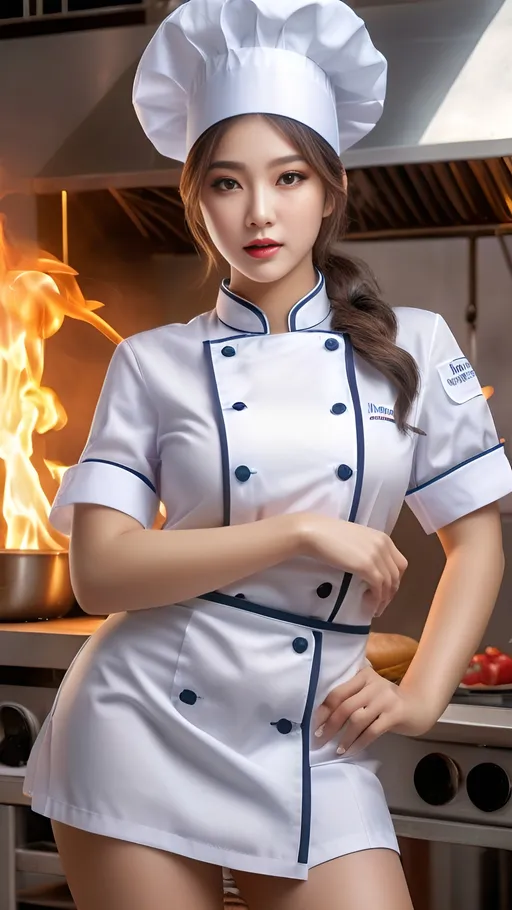 Prompt: Cute and glamorous, very beautiful, baby face, Thighs visible
Wearing a chef Uniform
splash art, hyper detailed, ultra realistic, highly detailed, surreal heavy mist, AI defined exquisitely beautiful, totally ultra realistic young adult Korean, gorgeously detailed facial features, sumptuous cleavage, perfect body proportions, ultra pale, ultra glamorous, perfect shading, impeccable contrast, HDR, UHD, high res, 64k