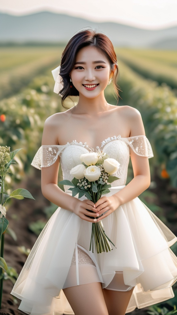 Prompt: Cute and glamorous 20-something Korean woman, very beautiful, baby face
Photoshoot wearing see-through mini wedding dress, garter belt, and high heels
Smiling expression
Outfit that emphasizes glamorous body
Clothing is a bit small
Chest sticks out
Holding a small bouquet in one hand.
A dazzlingly beautiful Korean woman in her 20s taking off her wedding dress in a pepper field.
Thighs visible
Wearing a garter belt
splash art, hyper detailed, ultra realistic, highly detailed, surreal heavy mist, AI defined exquisitely beautiful, totally ultra realistic young adult Korean, gorgeously detailed facial features, sumptuous cleavage, perfect body proportions, ultra pale, ultra glamorous, perfect shading, impeccable contrast, HDR, UHD, high res, 64k