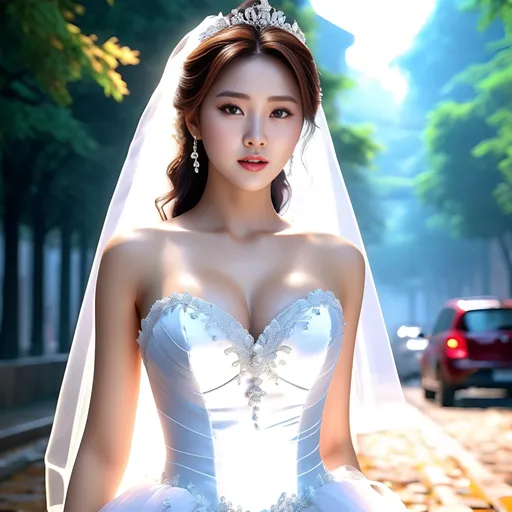 Prompt: splash art, hyper detailed, ultra realistic, highly detailed, surreal heavy mist, AI defined exquisitely beautiful, totally ultra realistic young adult Korean, gorgeously detailed facial features, sumptuous cleavage, perfect body proportions, ultra pale, ultra glamorous, Bride standing on the outdoor virgin road

Perfect studio lighting, perfect shading, impeccable contrast, HDR, UHD, high res, 64k, cinematic lighting, special effects, hd octaneArtgerm, WLOP, dynamic studio quality lighting hyper-detailed, intricately detailed, Splash art, trending on Artstation, triadic colors, Unreal Engine 5 volumetric lighting, unreal engine, octane render.