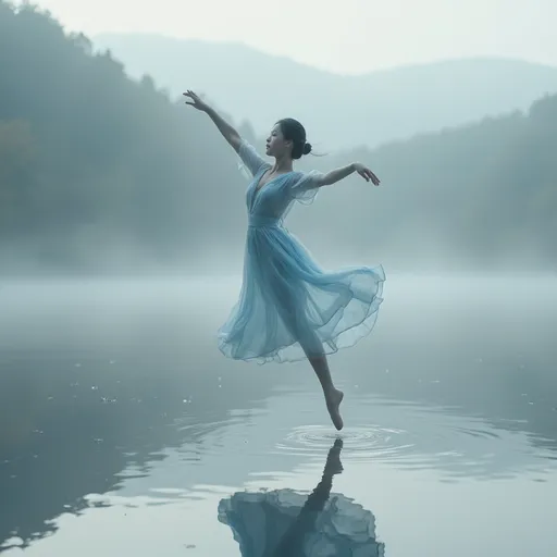 Prompt: A stunningly beautiful Korean woman with a graceful figure, dressed in a light blue sheer of ballet dress , dances lightly in a ballet style (jump-fly-and turn)on the surface of a dreamy lake. Ethereal, romantic light streams through the foggy forest by the lake, creating a cinematic atmosphere, highly detailed, ultra-detailed, UHD 8K resolution, close up shots