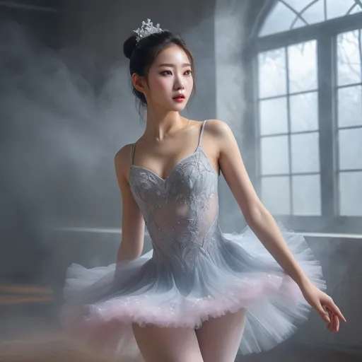 Prompt: splash art, hyper detailed, ultra realistic, highly detailed, surreal heavy mist, AI defined exquisitely beautiful, totally ultra realistic young adult Korean, gorgeously detailed facial features, sumptuous cleavage, perfect body proportions, ultra pale, ultra glamorous ballerina, walking in a swirling fog,

Perfect studio lighting, perfect shading, impeccable contrast, HDR, UHD, high res, 64k, cinematic lighting, special effects, hd octaneArtgerm, WLOP, dynamic studio quality lighting hyper-detailed, intricately detailed, Splash art, trending on Artstation, triadic colors, Unreal Engine 5 volumetric lighting, unreal engine, octane render.