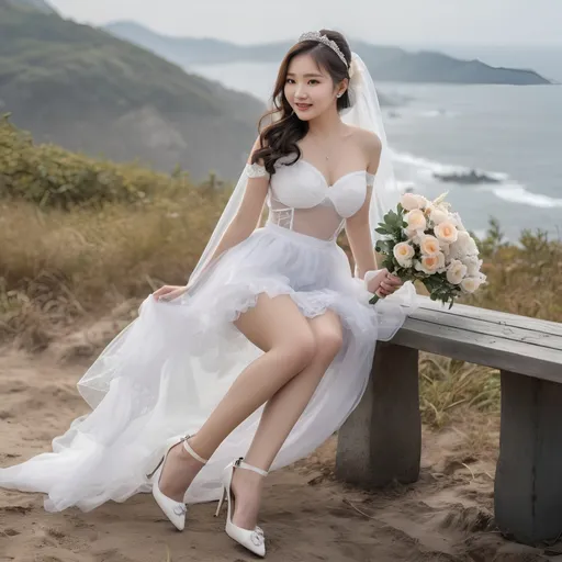 Prompt: Cute and glamorous 20-something Korean woman, very beautiful, baby face
Photoshoot wearing see-through mini wedding dress, garter belt, and high heels
Smiling expression
Outfit that emphasizes glamorous body
Clothing is a bit small
Chest sticks out
Holding a small bouquet in one hand.
Photoshoot on a windy seaside hill.
Skirt and veil blowing in the wind
Sitting on a bench with legs slightly spread
Thighs visible
Wearing a garter belt
splash art, hyper detailed, ultra realistic, highly detailed, surreal heavy mist, AI defined exquisitely beautiful, totally ultra realistic young adult Korean, gorgeously detailed facial features, sumptuous cleavage, perfect body proportions, ultra pale, ultra glamorous, perfect shading, impeccable contrast, HDR, UHD, high res, 64k