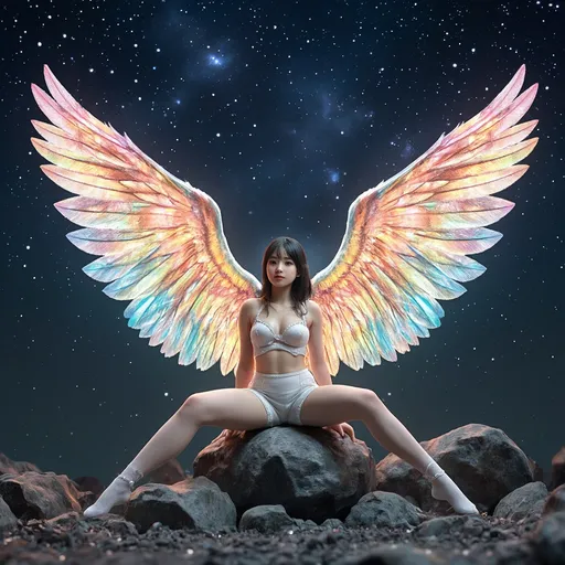 Prompt: fantastic fantasy art, young korean woman with gigantic colourful semi-transparent angel wings, tight pearly outfit (short skirt, crop-top, belly-baring, decollete), sitting on a rock with spreded wide open legs, arms casually resting on her knees, beaded white decorated stockings, chubby thighs, dark night with a magnificent starry sky in the background, hard spotlight lighting giving the picture a certain drama.
AI defined exquisitely beautiful, totally ultra realistic young adult Korean, gorgeously detailed facial features, sumptuous cleavage, perfect body proportions, ultra pale, ultra glamorous, chubby, fat, perfect shading, impeccable contrast, HDR, UHD, high res, 64k