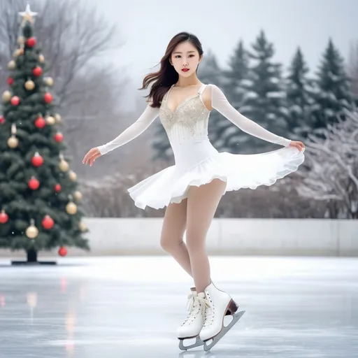 Prompt: A glamorous Korean girl is figure skating on a snowy Christmas day.
full body shot, white figure skates

AI defined exquisitely beautiful, totally ultra realistic young adult Korean, gorgeously detailed facial features, sumptuous cleavage, perfect body proportions, ultra pale, ultra glamorous, perfect shading, impeccable contrast, HDR, UHD, high res, 64k