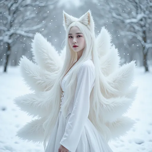 Prompt: Gumiho, human-shaped nine-tailed fox, beautiful appearance, captivating appearance, bewitching expression, dazzlingly beautiful face, pale skin, white hair, white clothes, full body, no shoes, bare feet, side view, nine tails, soft tail hair, shiny tail hair, 
enchanting atmosphere, cold winter day, snow, snow sparkling, 
totally ultra realistic young adult Korean, gorgeously detailed facial features, sumptuous cleavage, perfect body proportions, ultra pale, ultra glamorous, perfect shading, impeccable contrast, HDR, UHD, high res, 64k