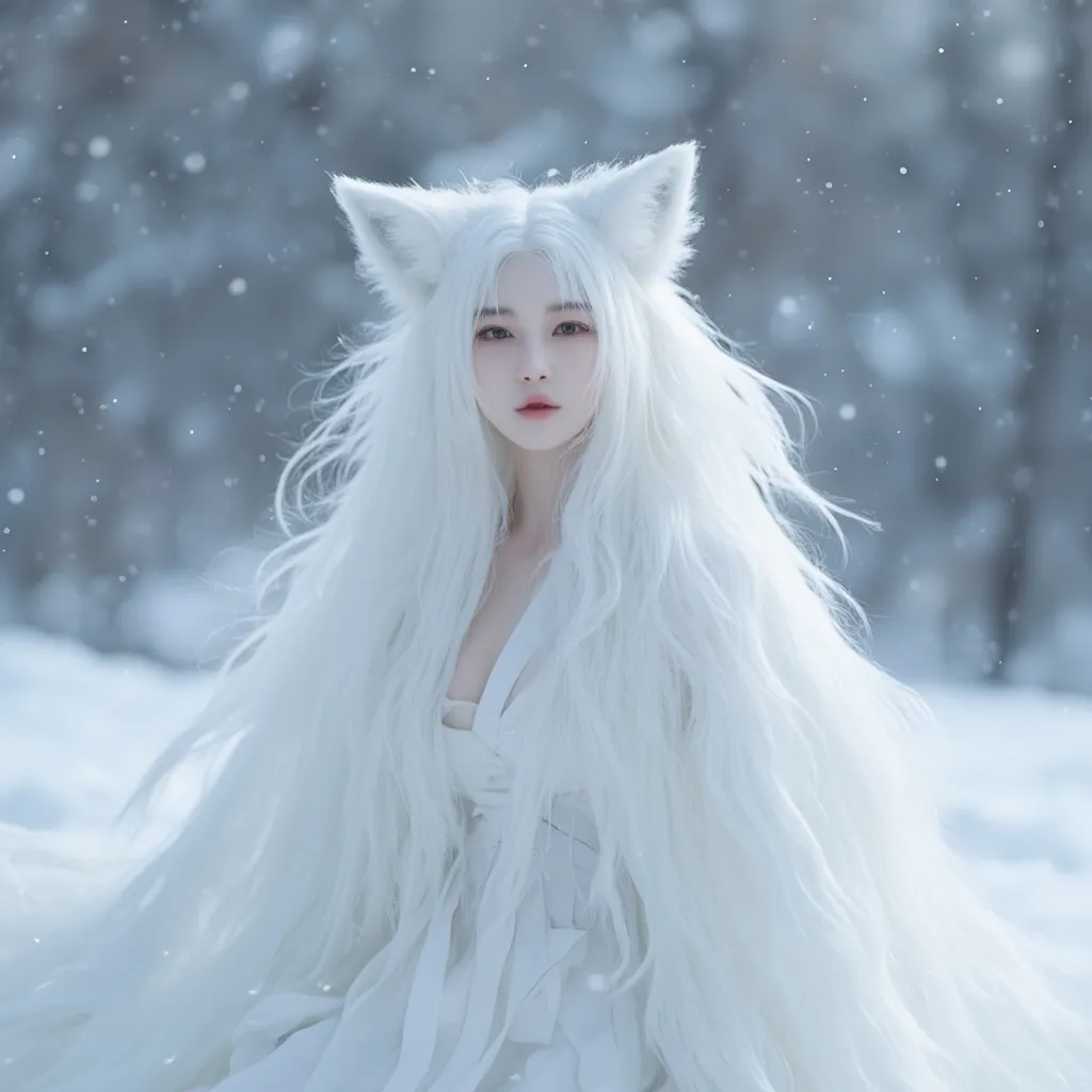 Prompt: Gumiho, human-shaped nine-tailed fox, beautiful appearance, captivating appearance, bewitching expression, dazzlingly beautiful face, pale skin, white hair, white clothes, full body, no shoes, bare feet, 
enchanting atmosphere, cold winter day, snow, snow sparkling, 
totally ultra realistic young adult Korean, gorgeously detailed facial features, sumptuous cleavage, perfect body proportions, ultra pale, ultra glamorous, perfect shading, impeccable contrast, HDR, UHD, high res, 64k