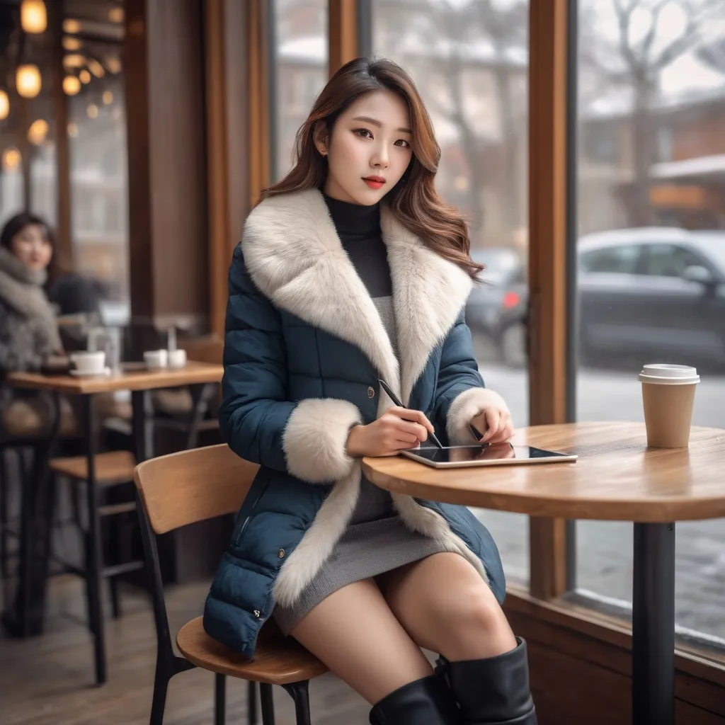 Prompt: A female artist drawing on a tablet in a cafe on a cold winter day is wearing a short fur jacket, miniskirt, and knee-high long boots.

AI defined exquisitely beautiful, totally ultra realistic young adult Korean, gorgeously detailed facial features,  perfect body proportions, ultra pale, ultra glamorous, perfect shading, impeccable contrast, HDR, UHD, high res, 64k