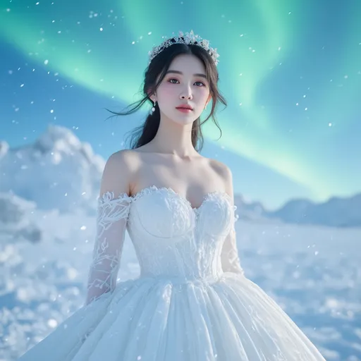 Prompt: (A full body image)A young, beautiful Northeast Asia woman wearing A beautiful winter bridal gown designed for cold weather. Taking a bridal photoshoot in the snowy Arctic with the Northern Lights in the background.
hyper detailed, ultra realistic, highly detailed, AI defined exquisitely beautiful, totally ultra realistic young adult Korean, gorgeously detailed facial features, sumptuous cleavage, perfect body proportions, ultra pale, ultra glamorous, perfect shading, impeccable contrast, HDR, UHD, high res, 64k