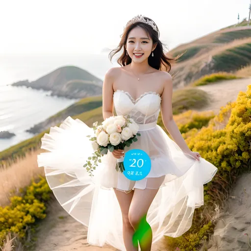 Prompt: Cute and glamorous 20-something Korean woman, very beautiful, baby face
Photoshoot wearing see-through mini wedding dress, garter belt, and high heels
Smiling expression
Outfit that emphasizes glamorous body
Clothing is a bit small
Chest sticks out
Holding a small bouquet in one hand.
Photoshoot on a windy seaside hill.
Skirt and veil blowing in the wind
Sitting on a bench with legs slightly spread
Thighs visible
Wearing a garter belt
splash art, hyper detailed, ultra realistic, highly detailed, surreal heavy mist, AI defined exquisitely beautiful, totally ultra realistic young adult Korean, gorgeously detailed facial features, sumptuous cleavage, perfect body proportions, ultra pale, ultra glamorous, perfect shading, impeccable contrast, HDR, UHD, high res, 64k