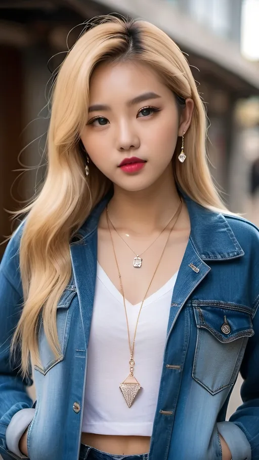 Prompt: Beautiful korean Girl with jacket and jeans and loose long full shirt and blonde hair  small chest and beautiful diamond necklace blue eyes 
And she's confident in herself she is a teenager and she's looking at me bravely lipstick eyeliner and she's cool 

