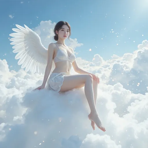 Prompt: A Korean woman angel sitting on a cloud on a sky wearing only a slips, full body, photo, 
visible thighs, hyper detailed, ultra realistic, highly detailed, AI defined exquisitely beautiful, totally ultra realistic young adult Korean, gorgeously detailed facial features, perfect body proportions, ultra pale, ultra glamorous, HDR, UHD, high res, 64k, cinematic lighting, special effects, hd octaneArtgerm