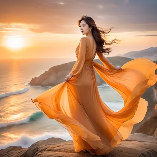 Prompt: (Beautiful korean woman), elegant long flowing gossamer dress, dramatic wind-blown movement, perched on a rugged cliff top, vibrant sunset colors illuminating the sky, serene sea and beach below, warm golden hues, breathtaking scenery, soft romantic ambiance, vivid details, high depth cinematic masterpiece, ultra-detailed, atmospheric setting.