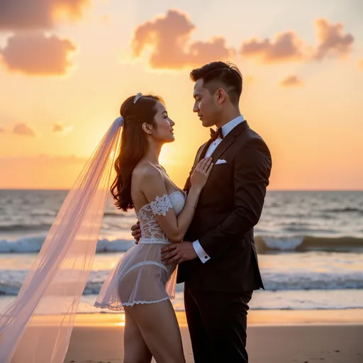 Prompt: Sunset over the sea, sunset, warm feeling,
A Korean groom and bride are having their wedding photoshoot on a windy beach. 

The groom is holding the bride's waist with one hand.
The groom is wearing a tight-fitting suit.

The bride is wearing a see-through mini wedding dress.
She is wearing stockings, a garter belt, and a veil.
The veil and dress are blowing in the wind.
hyper detailed, ultra realistic, highly detailed, AI defined exquisitely beautiful, totally ultra realistic young adult Korean, gorgeously detailed facial features, perfect body proportions, ultra pale, ultra glamorous, HDR, UHD, high res, 64k, cinematic lighting, special effects, hd octaneArtgerm